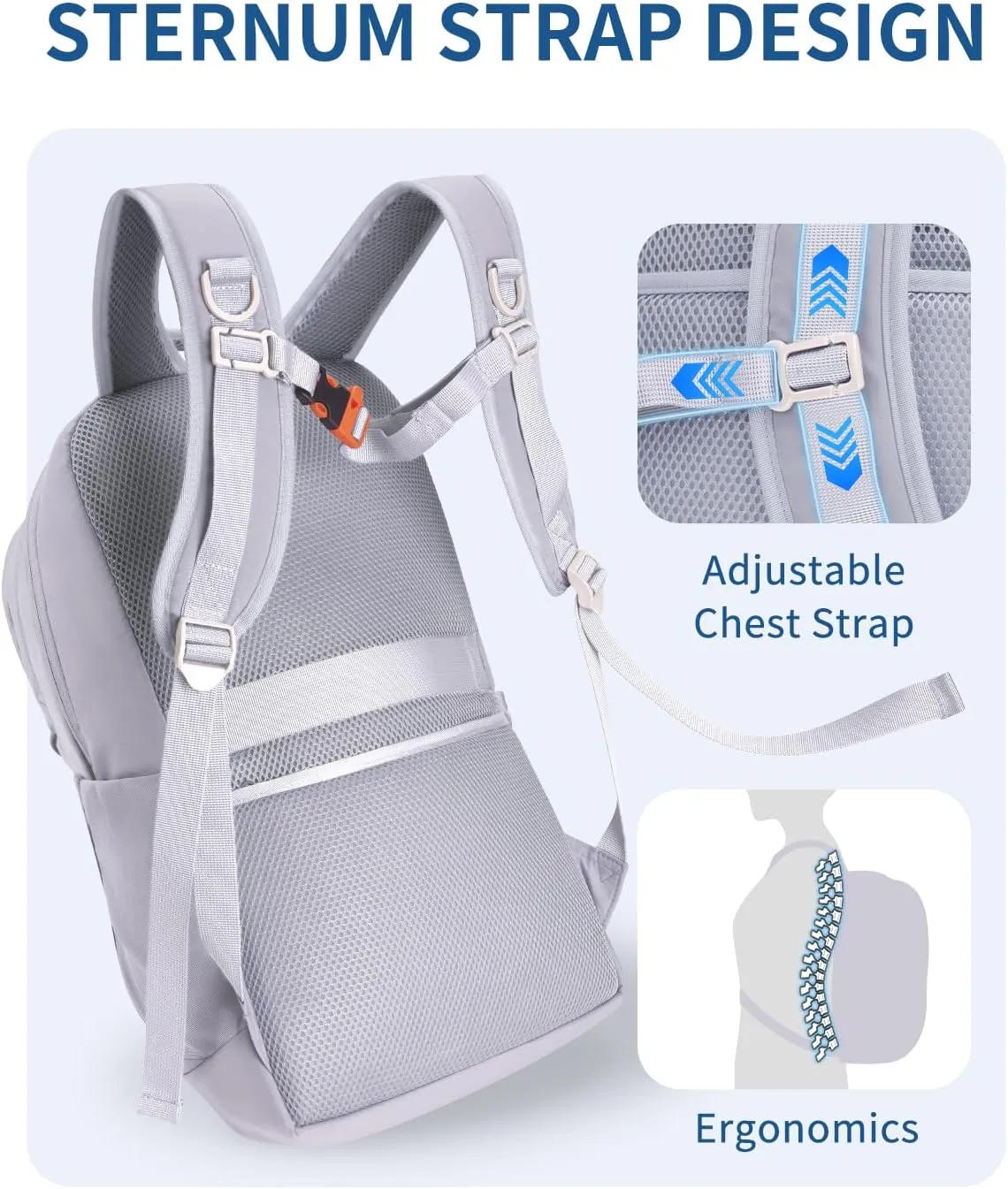 WANDF 15.6-Inch Laptop Backpack for Women Men Airline Approved Water Resistant Lightweight Travel Bag Casual Backpack for Weekender Business with Whistle Buckle & Elastic Strap (Grey)