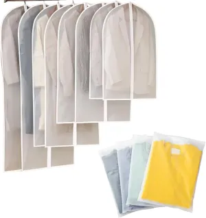 Wardrobe five-piece hanging garment bag and 5 zippered pockets, plastic garment bag for clothes storage, wedding dress pull suit bag, coat, sweater, heavy duty PE garment protection bag (XL)