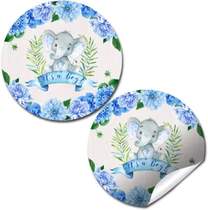Watercolor Dahlia Floral Elephant-Themed Baby Sprinkle Baby Shower for Boys Thank You Sticker Labels, 40 2" Party Circle Stickers by AmandaCreation, Great for Party Favors, Envelope Seals & Goodie Bag