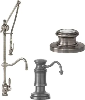 Waterstone 4400-3-AC Traditional Gantry Pulldown Faucet - Hook Spout 3pc. Suite Antique Copper