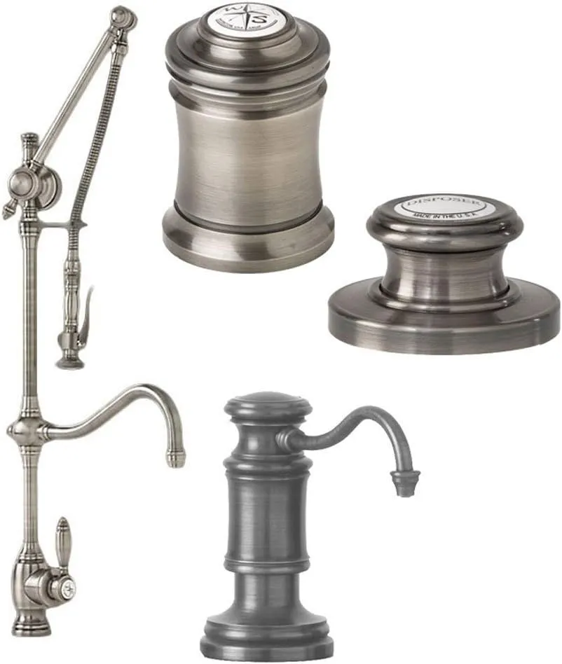 Waterstone 4400-4-AP Gantry Pull Down Hook Spout Kitchen Faucet 4 PC Suite Distressed American Bronze