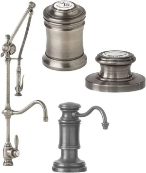 Waterstone 4400-4-AP Gantry Pull Down Hook Spout Kitchen Faucet 4 PC Suite Distressed American Bronze
