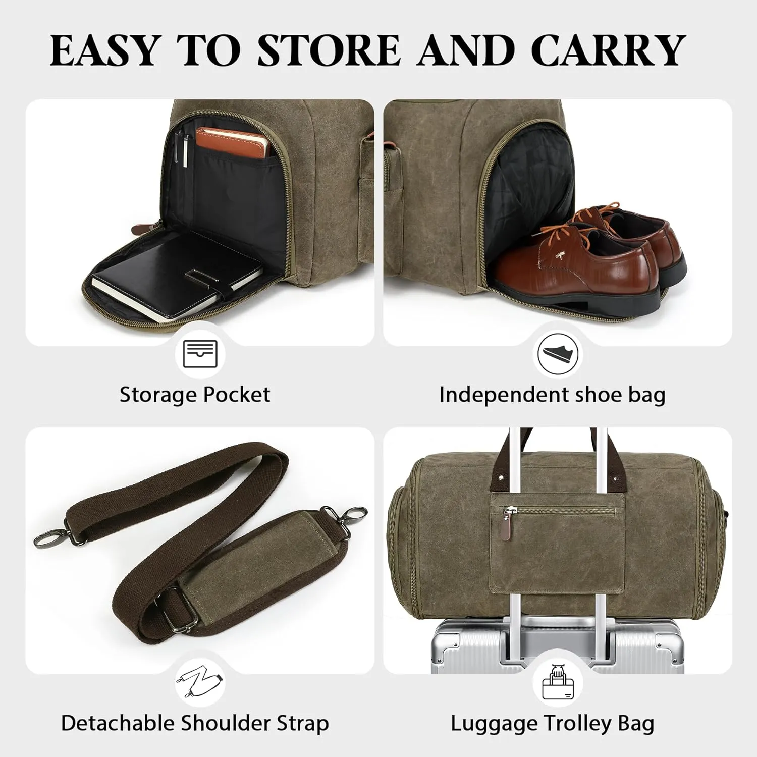 Waxed Canvas Garment Bags for Travel, Convertible Carry On Garment Duffel Bag for Men Women, 2 in 1 Suit Bag Hanging Suitcase Business Travel Bag with Shoe Compartment (Vintage Grey, L)
