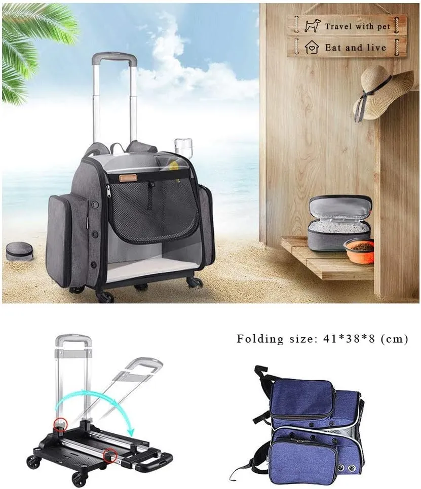 Wheeled Pet Travel Carrier Backpack, Pet Cat Carrier Backpack Foldable Pet Carrier for Small Dogs and Cats with Foldable Bowl, Cat Litter Box