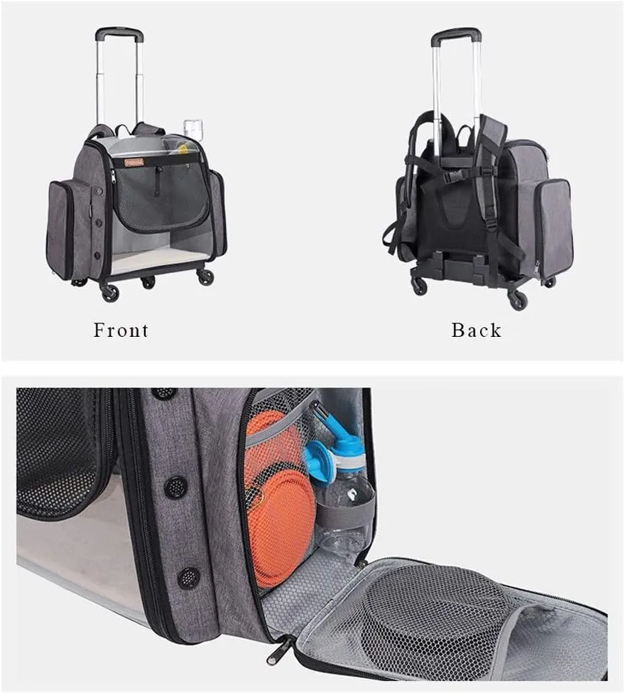 Wheeled Pet Travel Carrier Backpack, Pet Cat Carrier Backpack Foldable Pet Carrier for Small Dogs and Cats with Foldable Bowl, Cat Litter Box