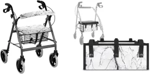 White Marble Rollator Walker Basket and Seat Backrest Covers 3Pcs Accessories Sets Comfy Rollator Decorations for Seniors Universal Bag Under Seat for Elderly Walker