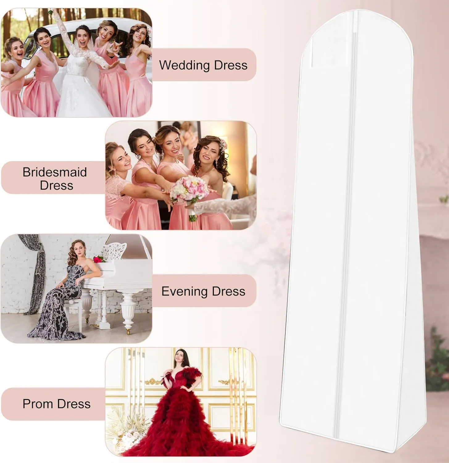White Wedding Dress Garment Bag, 16" Wide Gusset Dress Bags for Gowns, Long Evening Dresses & Prom Dresses for Women, Bride, Bridesmaid, Wedding Dress Bag, Dress Garment Bag Women, 70x24x16"