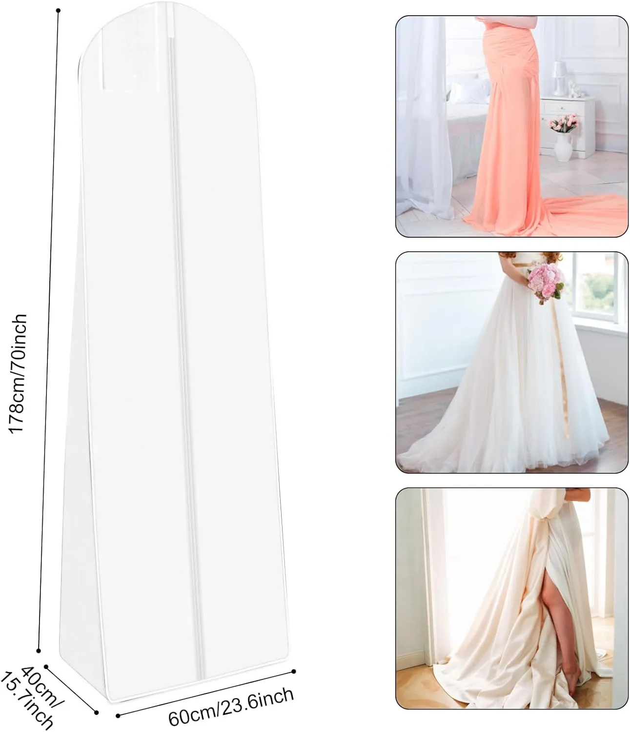 White Wedding Dress Garment Bag, 16" Wide Gusset Dress Bags for Gowns, Long Evening Dresses & Prom Dresses for Women, Bride, Bridesmaid, Wedding Dress Bag, Dress Garment Bag Women, 70x24x16"