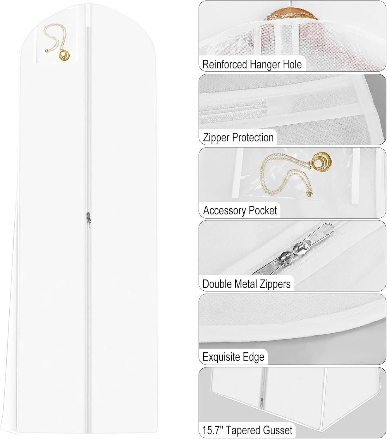 White Wedding Dress Garment Bag, 16" Wide Gusset Dress Bags for Gowns, Long Evening Dresses & Prom Dresses for Women, Bride, Bridesmaid, Wedding Dress Bag, Dress Garment Bag Women, 70x24x16"