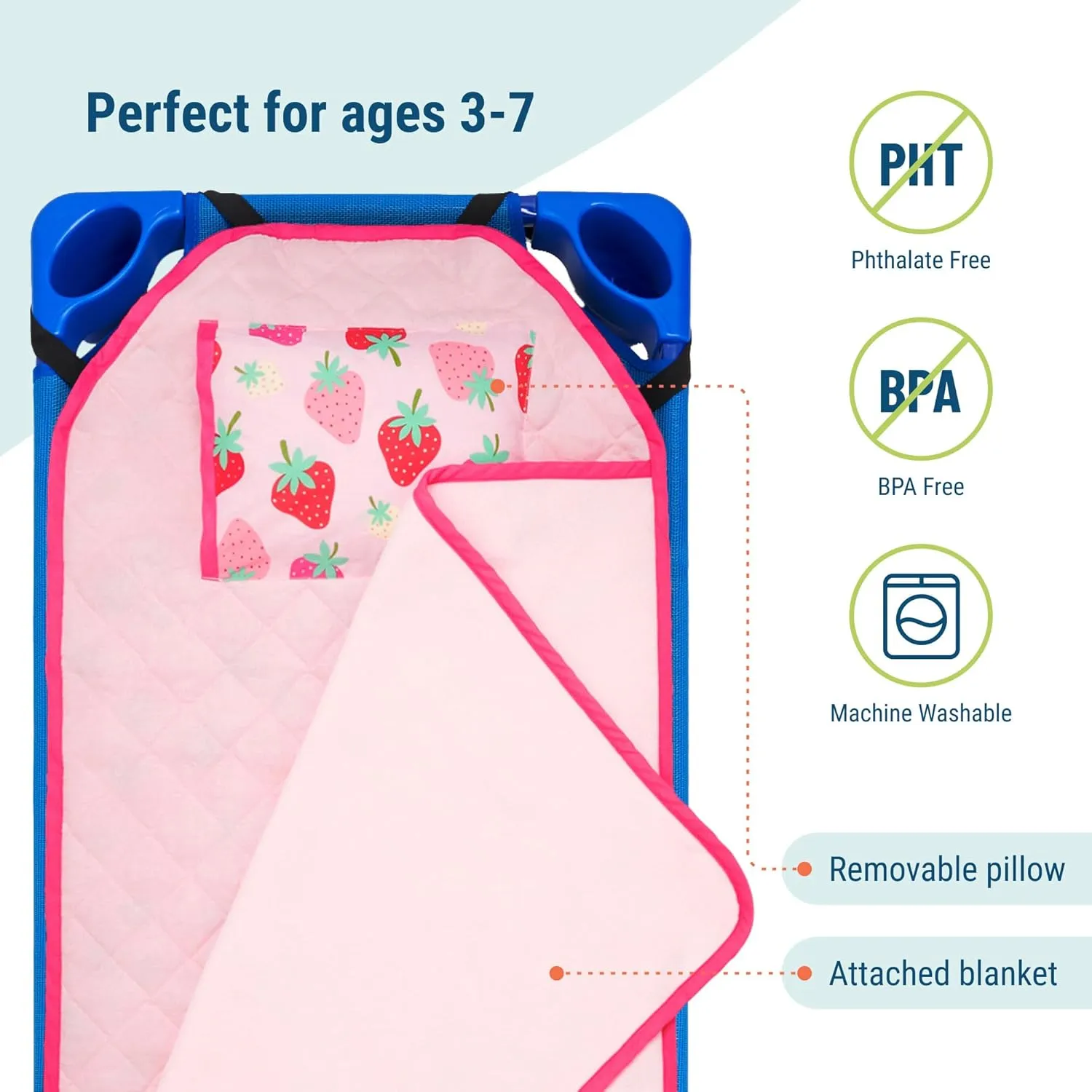 Wildkin Modern Kids Nap Mat – Soft Cotton Blend with Pillow & Elastic Straps for School & Travel - Strawberry Patch