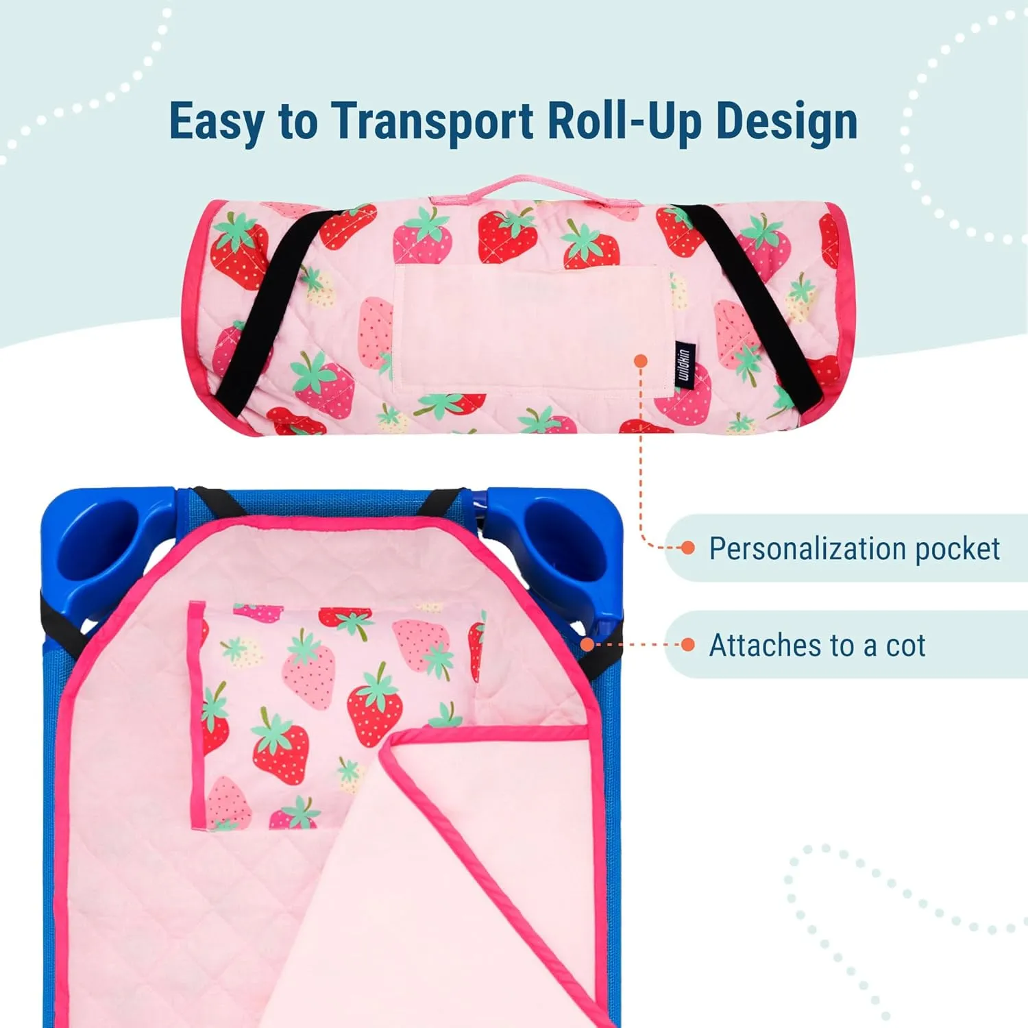 Wildkin Modern Kids Nap Mat – Soft Cotton Blend with Pillow & Elastic Straps for School & Travel - Strawberry Patch