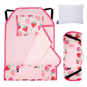 Wildkin Modern Kids Nap Mat – Soft Cotton Blend with Pillow & Elastic Straps for School & Travel - Strawberry Patch