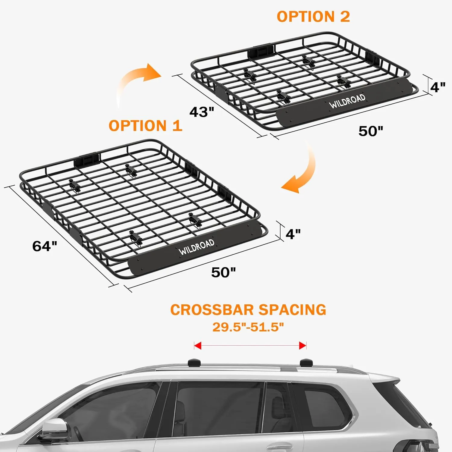 Wildroad Roof Rack Cargo Basket, Upgraded 4” Fence Wide Car Roof Basket, 64"x 50"x 4" Universal Car Top Carrier Basket with Super Duty Bungee Cargo Net and Ratchet Straps Fits for SUV Truck Cars