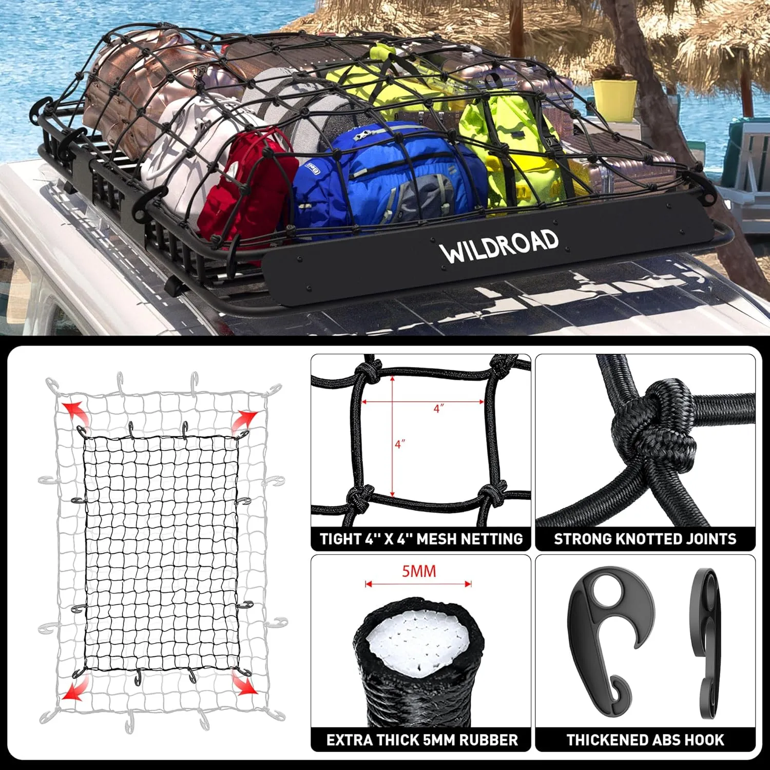 Wildroad Roof Rack Cargo Basket, Upgraded 4” Fence Wide Car Roof Basket, 64"x 50"x 4" Universal Car Top Carrier Basket with Super Duty Bungee Cargo Net and Ratchet Straps Fits for SUV Truck Cars