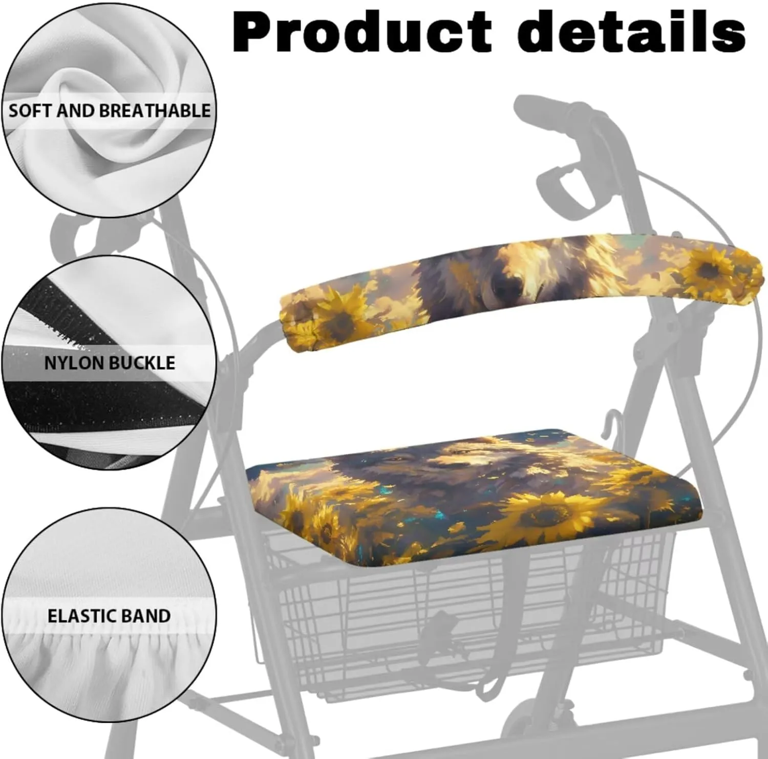 Wolf Sunflower 3PCS Rollator Walker Basket Bag Walker Seat and Backrest Covers for Seniors Rollator Accessories for Ladies Walker for Seniors with Seat Cover