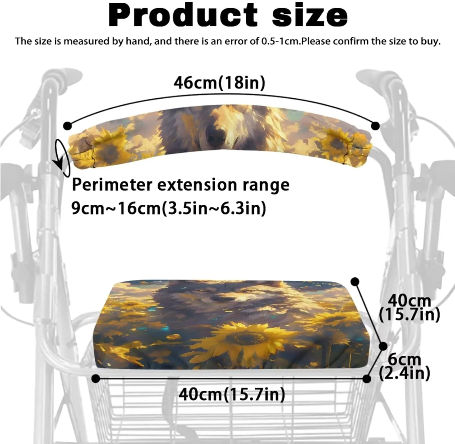 Wolf Sunflower 3PCS Rollator Walker Basket Bag Walker Seat and Backrest Covers for Seniors Rollator Accessories for Ladies Walker for Seniors with Seat Cover