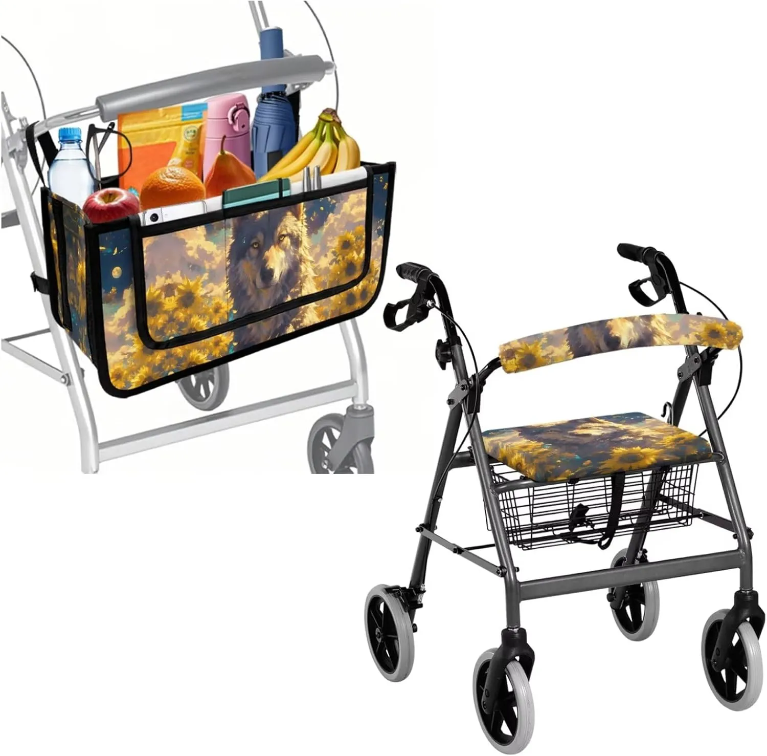 Wolf Sunflower 3PCS Rollator Walker Basket Bag Walker Seat and Backrest Covers for Seniors Rollator Accessories for Ladies Walker for Seniors with Seat Cover