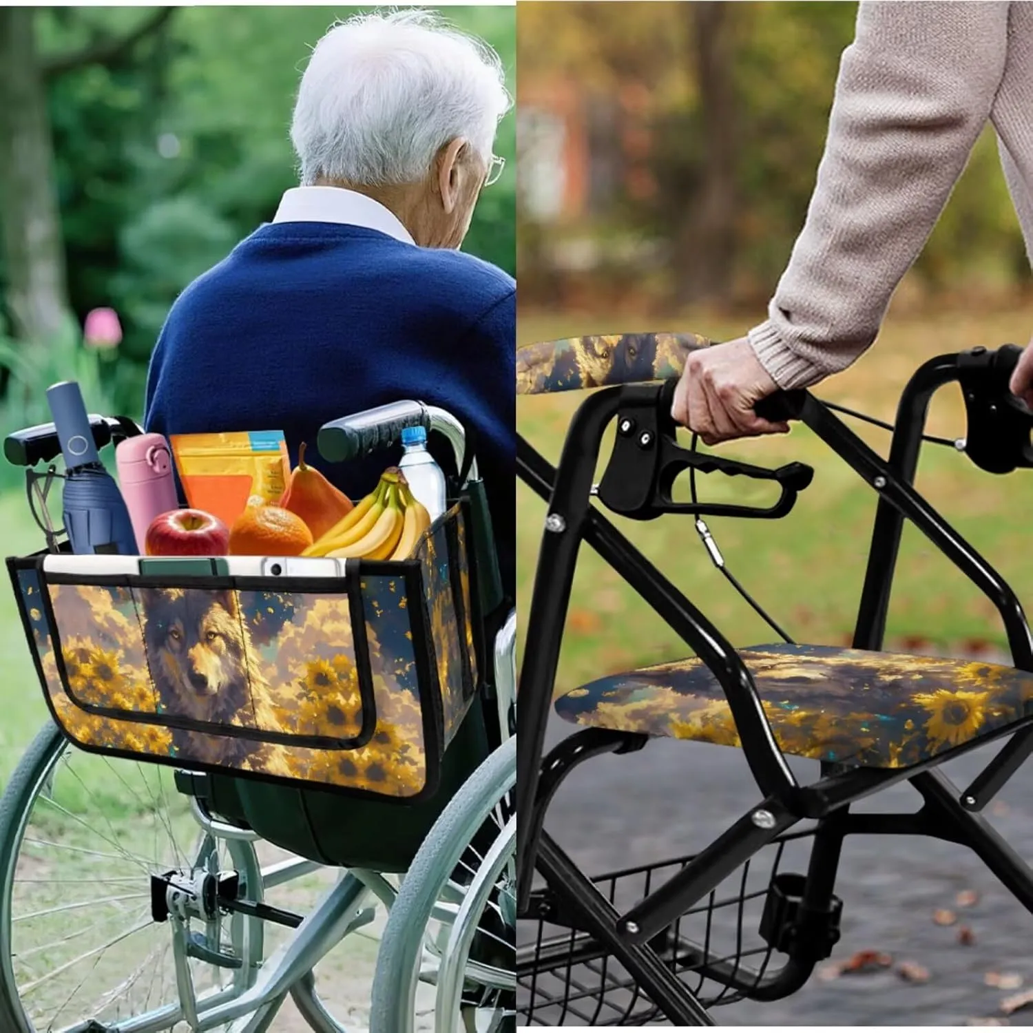 Wolf Sunflower 3PCS Rollator Walker Basket Bag Walker Seat and Backrest Covers for Seniors Rollator Accessories for Ladies Walker for Seniors with Seat Cover
