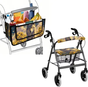 Wolf Sunflower 3PCS Rollator Walker Basket Bag Walker Seat and Backrest Covers for Seniors Rollator Accessories for Ladies Walker for Seniors with Seat Cover