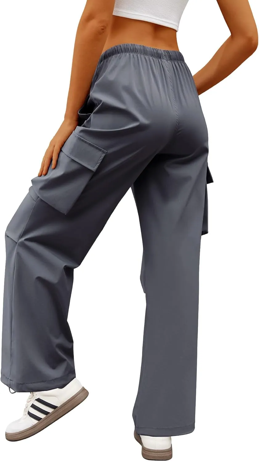 Womens Cargo Pants Elastic Waist Wide Leg Parachute Pants with 4 Pockets Baggy Hiking Trousers Travel Y2K Waterproof