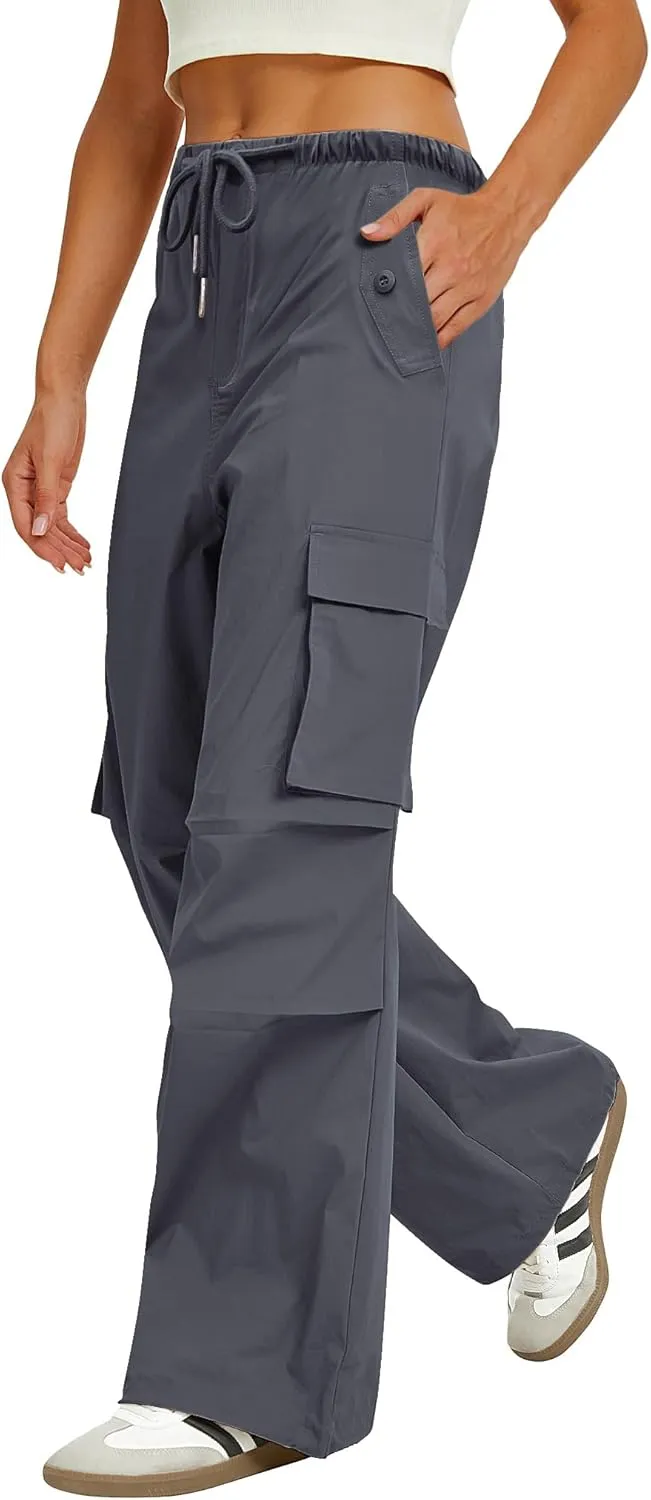 Womens Cargo Pants Elastic Waist Wide Leg Parachute Pants with 4 Pockets Baggy Hiking Trousers Travel Y2K Waterproof