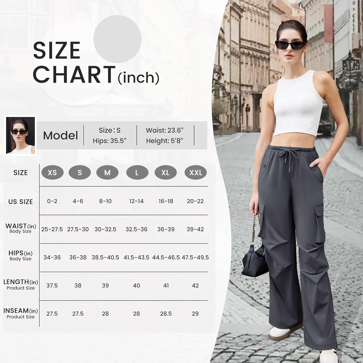 Womens Cargo Pants Elastic Waist Wide Leg Parachute Pants with 4 Pockets Baggy Hiking Trousers Travel Y2K Waterproof