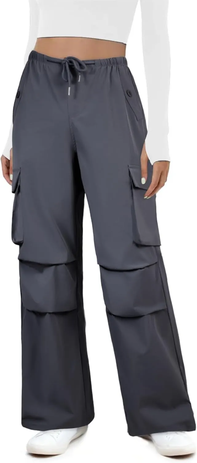 Womens Cargo Pants Elastic Waist Wide Leg Parachute Pants with 4 Pockets Baggy Hiking Trousers Travel Y2K Waterproof