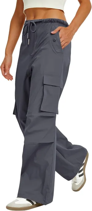 Womens Cargo Pants Elastic Waist Wide Leg Parachute Pants with 4 Pockets Baggy Hiking Trousers Travel Y2K Waterproof