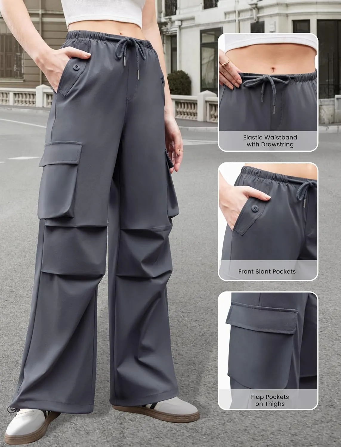 Womens Cargo Pants Elastic Waist Wide Leg Parachute Pants with 4 Pockets Baggy Hiking Trousers Travel Y2K Waterproof