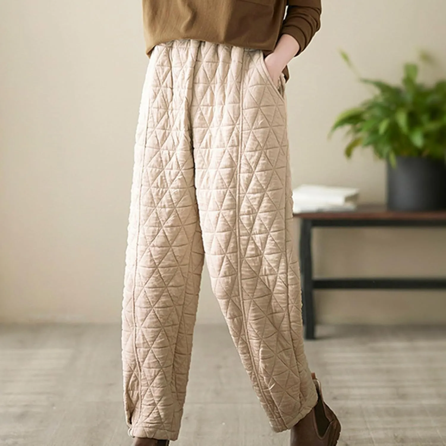 Womens Padded Quilted Sweat Pants Fall Winter Warm Casual Baggy Skinny Pants Solid Elastic Waist Lounge Trousers