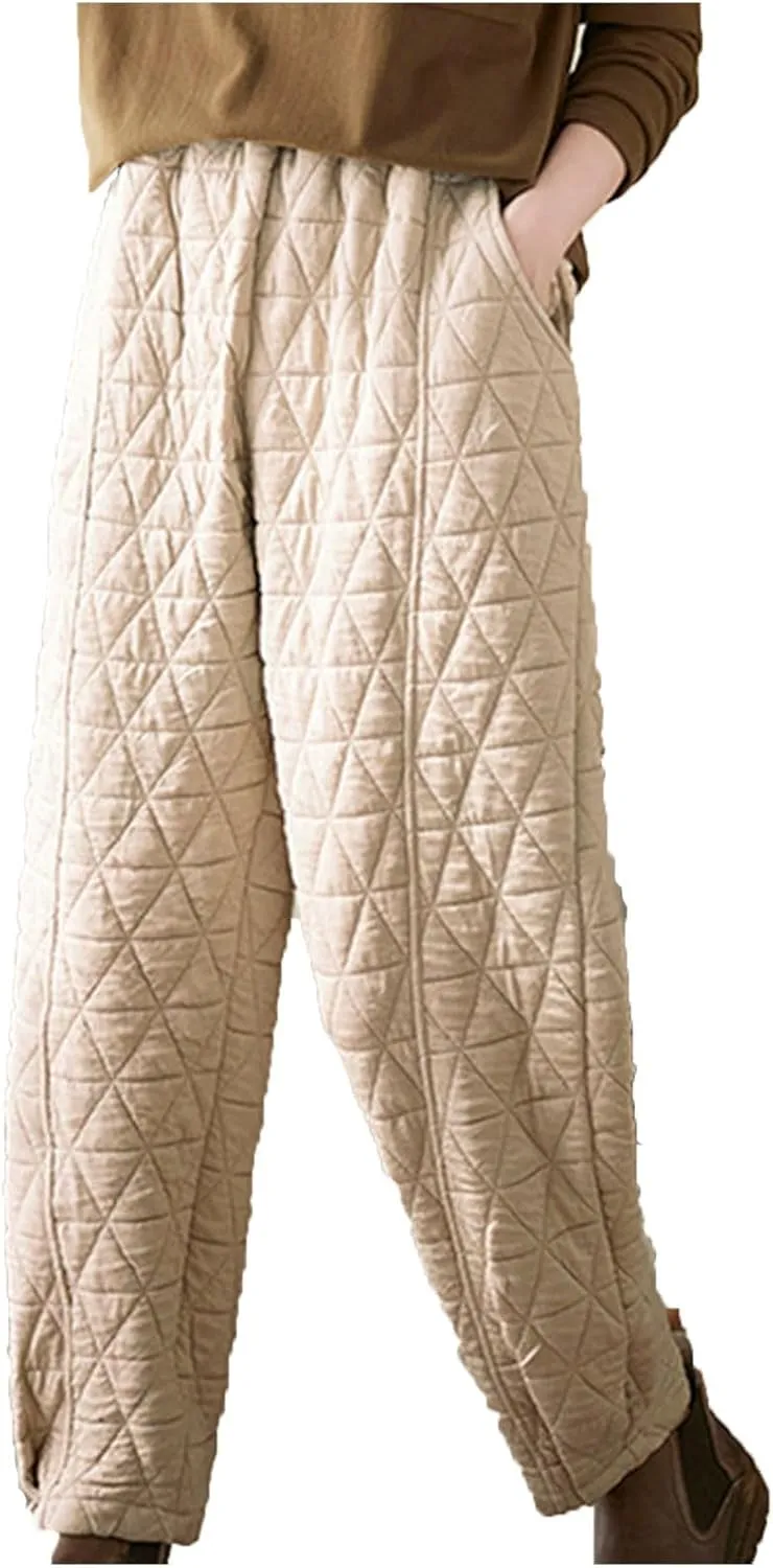 Womens Padded Quilted Sweat Pants Fall Winter Warm Casual Baggy Skinny Pants Solid Elastic Waist Lounge Trousers