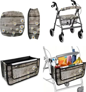 Wood Daisy Print Rollator Walker Basket and Seat Backrest Covers 3Pcs Accessories Sets Comfy Rollator Decorations for Seniors Universal Bag for Elderly Walker