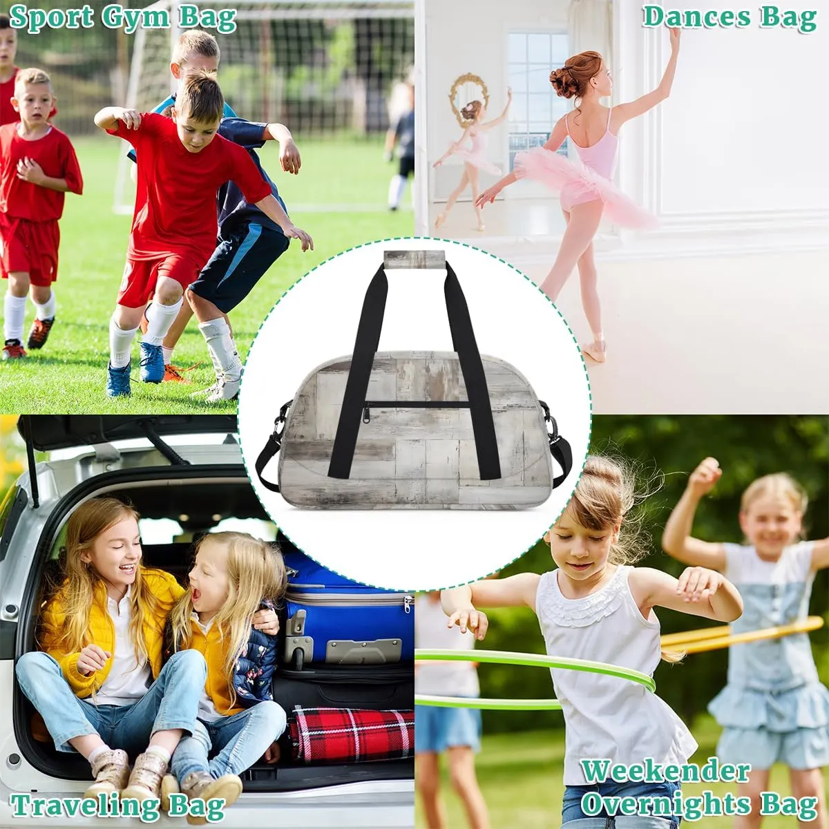 Wood Grain Kids Overnighter Duffel Bags for Boys, Carry-On Size Sports Gym Bag with Front Zipper Pocket for School Practice or Overnight Travel Weekender Sleepover Tote Bag