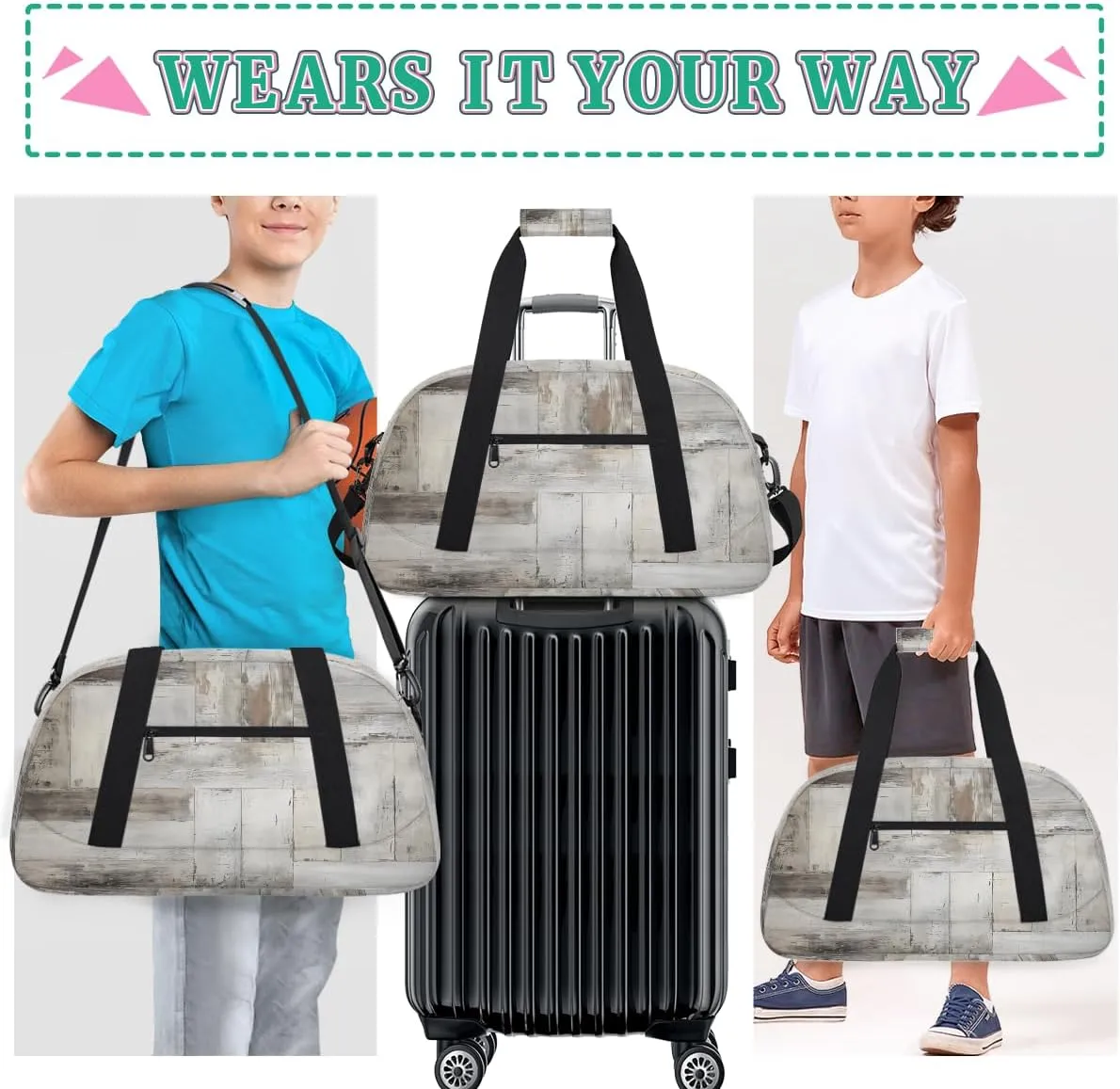 Wood Grain Kids Overnighter Duffel Bags for Boys, Carry-On Size Sports Gym Bag with Front Zipper Pocket for School Practice or Overnight Travel Weekender Sleepover Tote Bag
