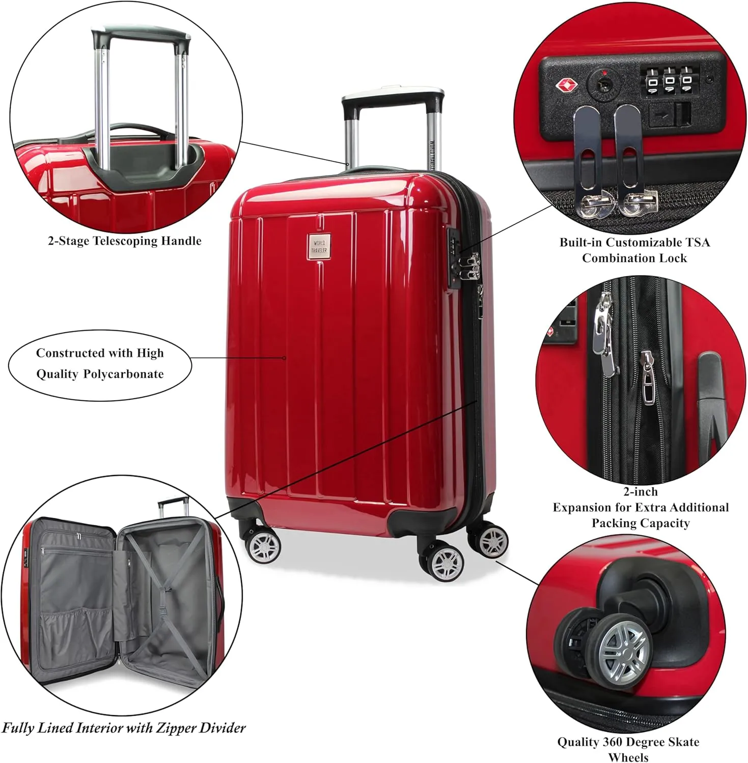World Traveler Contour Lightweight Polycarbonate Hardside Expandable Spinner Luggage with TSA Lock, Red, 28-inch