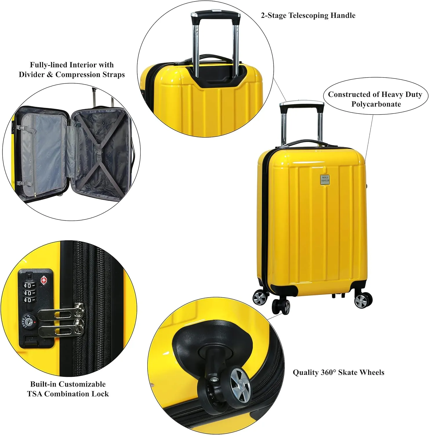 World Traveler Contour Lightweight Polycarbonate Hardside Expandable Spinner Luggage with TSA Lock, Yellow, 20-inch