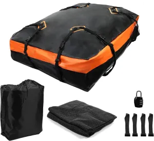 X AUTOHAUX 15 Cubic Feet Car Roof Bag Rooftop Cargo Carrier Bag Waterproof Luggage Carriers for Cars with or Without Rack Anti-Slip Mat 4 Door Hooks Set