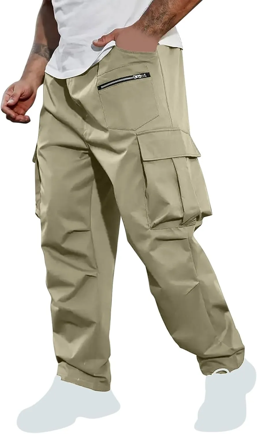 Xiaojmake Men's Casual Elastic Waist Cargo Pant with Zipper Pockets Loose Workout Pants Outdoor Hiking Running Tactical Pant