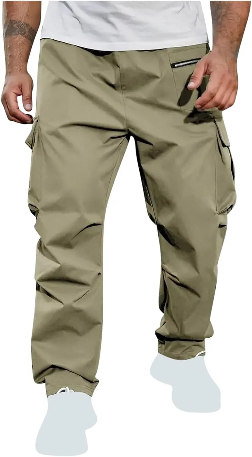 Xiaojmake Men's Casual Elastic Waist Cargo Pant with Zipper Pockets Loose Workout Pants Outdoor Hiking Running Tactical Pant