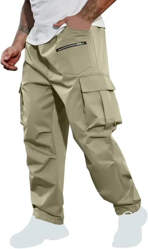 Xiaojmake Men's Casual Elastic Waist Cargo Pant with Zipper Pockets Loose Workout Pants Outdoor Hiking Running Tactical Pant