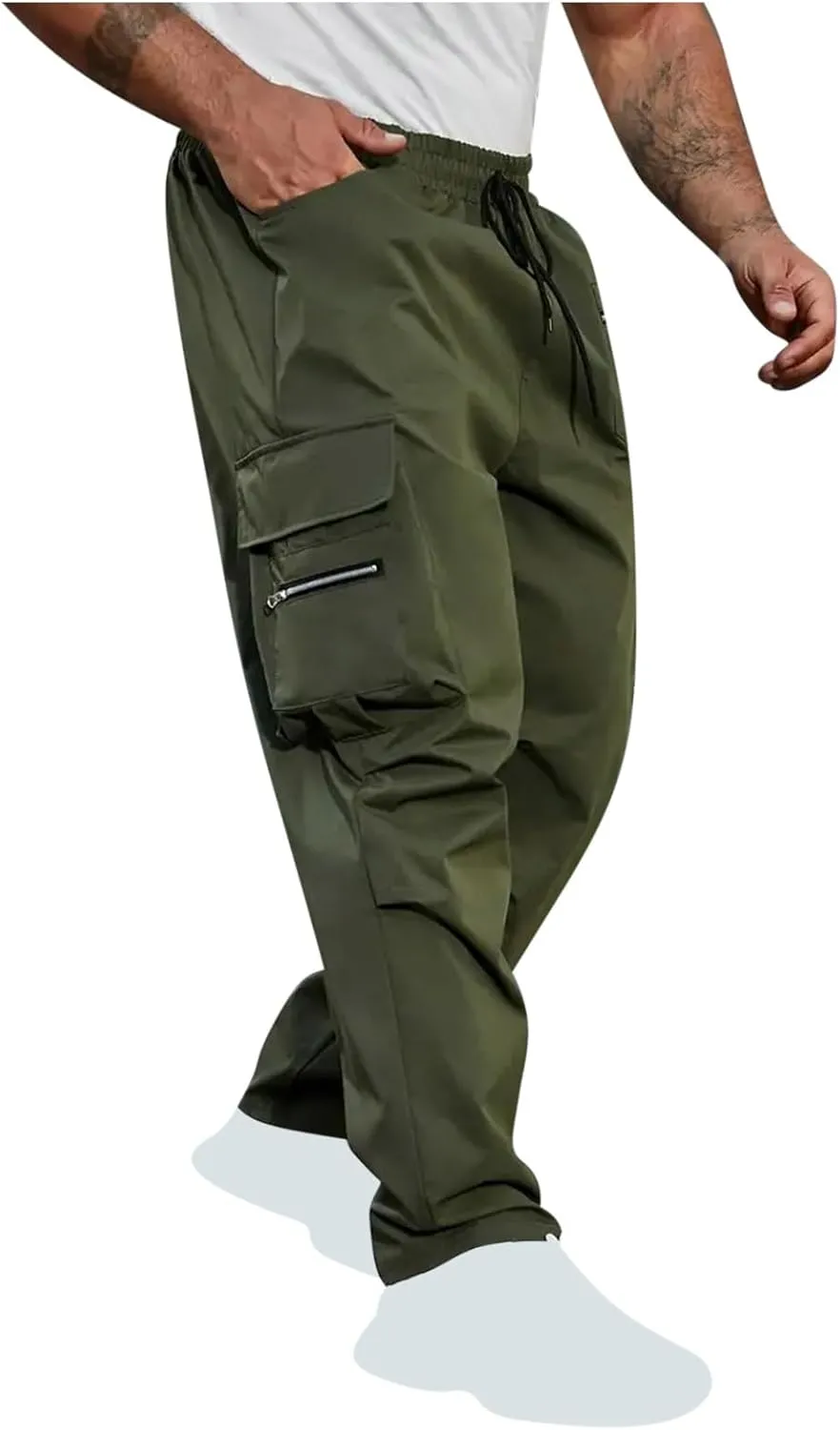Xiaojmake Men's Casual Elastic Waist Cargo Pant with Zipper Pockets Loose Workout Pants Outdoor Hiking Running Tactical Pant