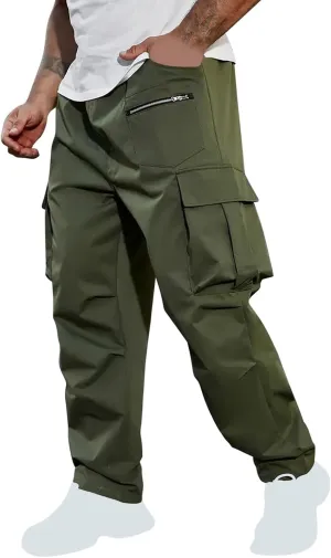 Xiaojmake Men's Casual Elastic Waist Cargo Pant with Zipper Pockets Loose Workout Pants Outdoor Hiking Running Tactical Pant