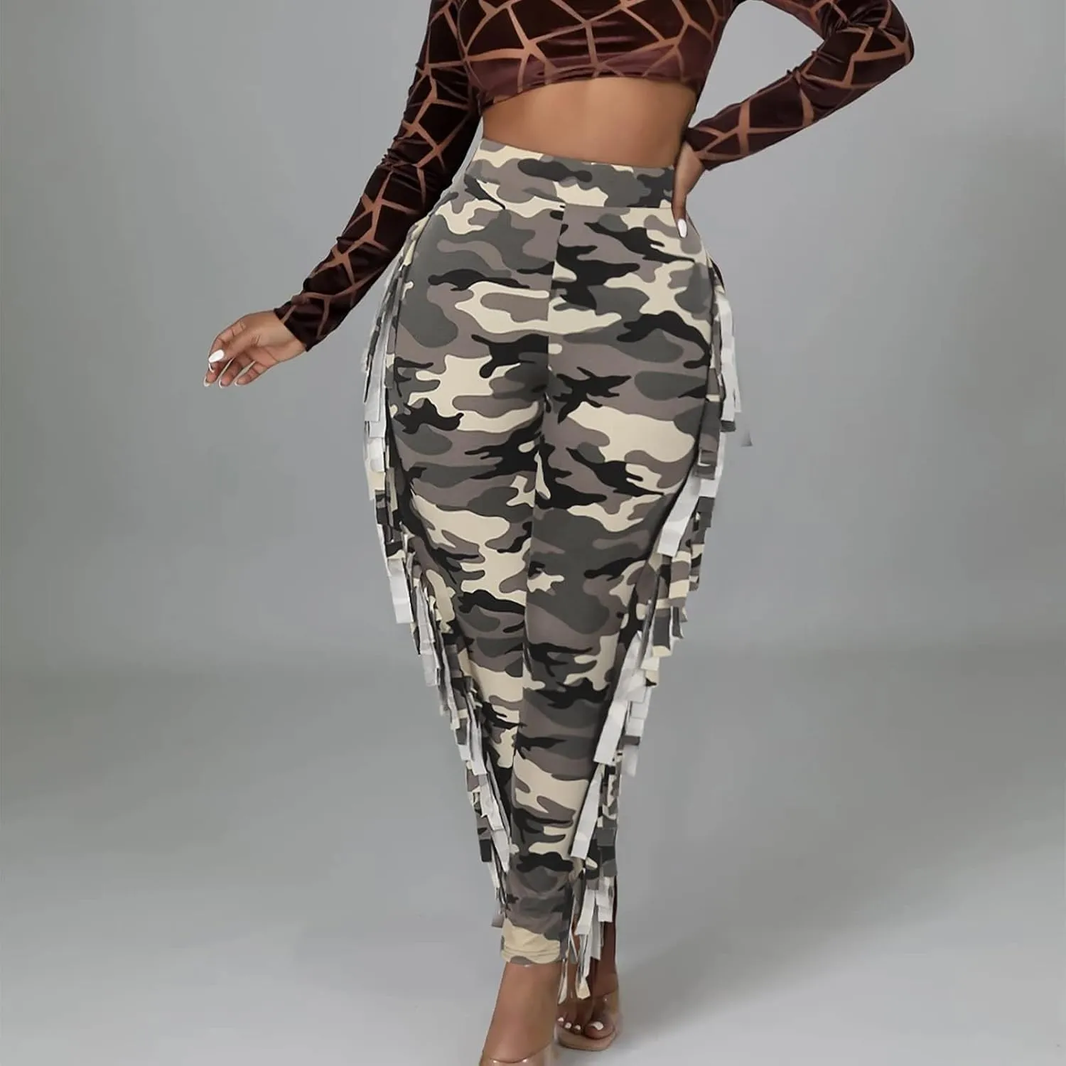 yardsong High Waisted Camo Leggings for Women Fringe Side Seamless Yoga Pants Stretchy Butt Lifting Casual Workout Pants