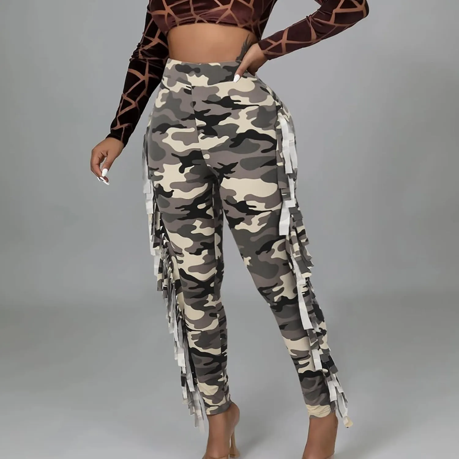 yardsong High Waisted Camo Leggings for Women Fringe Side Seamless Yoga Pants Stretchy Butt Lifting Casual Workout Pants