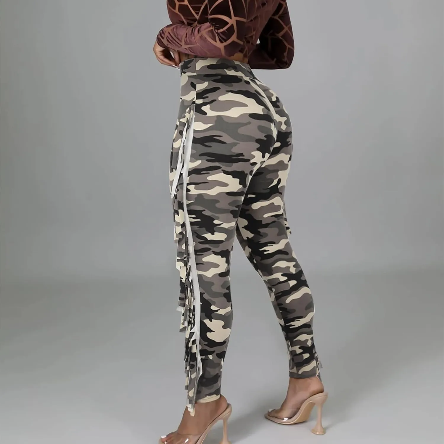 yardsong High Waisted Camo Leggings for Women Fringe Side Seamless Yoga Pants Stretchy Butt Lifting Casual Workout Pants