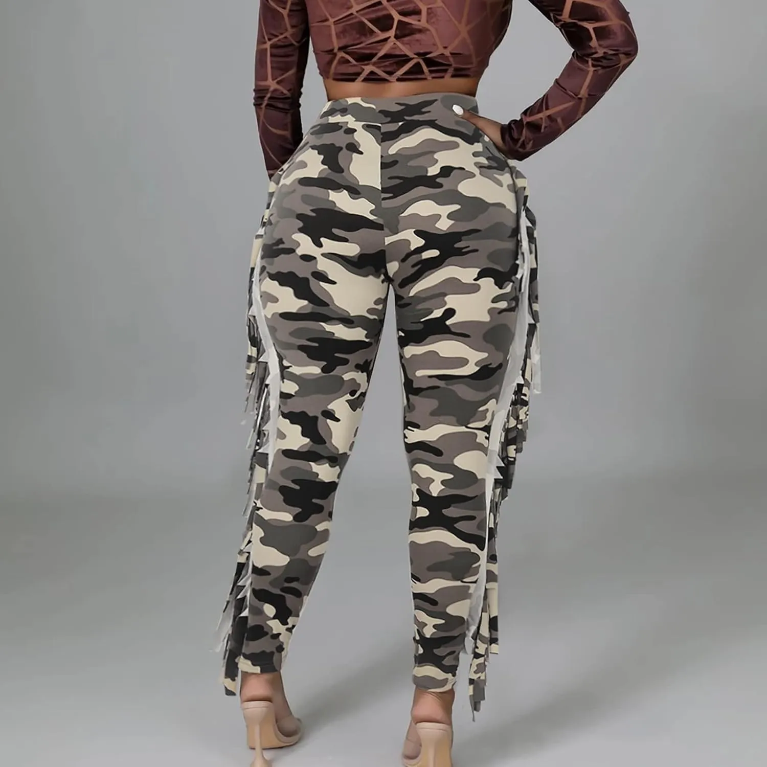yardsong High Waisted Camo Leggings for Women Fringe Side Seamless Yoga Pants Stretchy Butt Lifting Casual Workout Pants