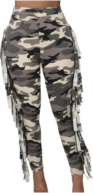 yardsong High Waisted Camo Leggings for Women Fringe Side Seamless Yoga Pants Stretchy Butt Lifting Casual Workout Pants