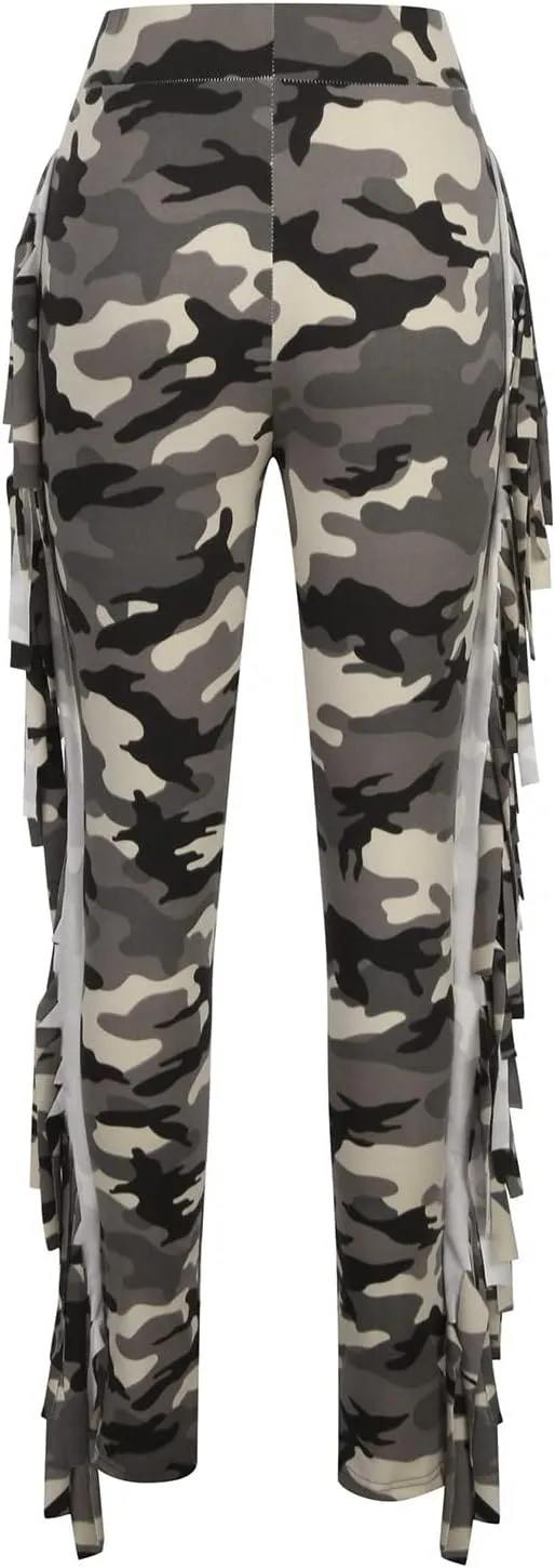 yardsong High Waisted Camo Leggings for Women Fringe Side Seamless Yoga Pants Stretchy Butt Lifting Casual Workout Pants