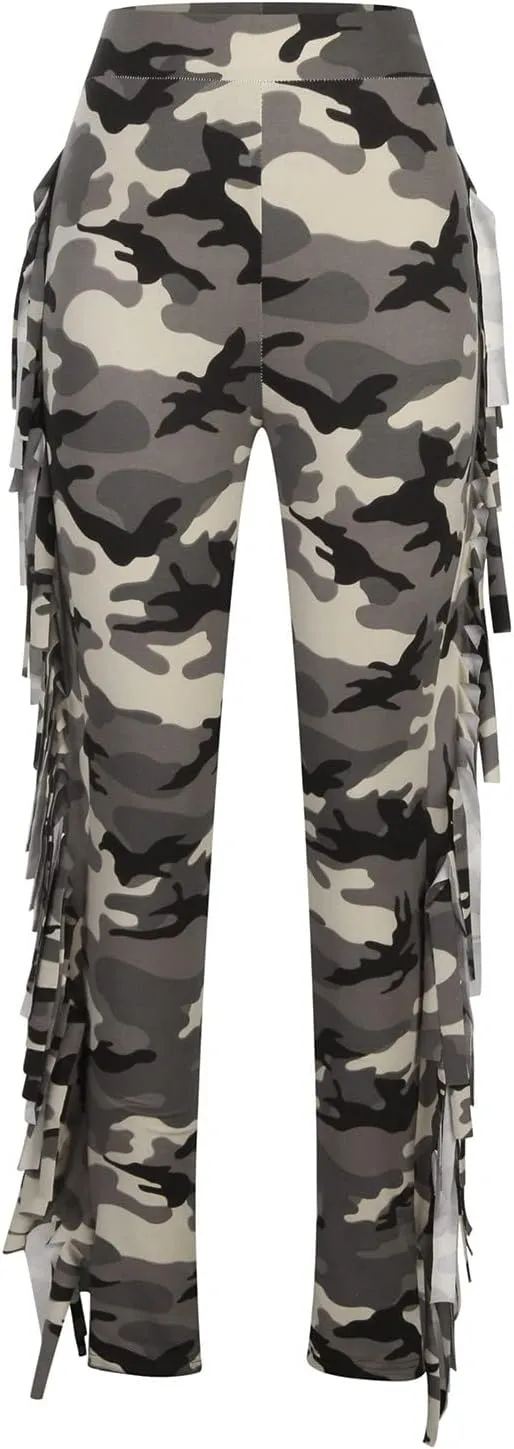 yardsong High Waisted Camo Leggings for Women Fringe Side Seamless Yoga Pants Stretchy Butt Lifting Casual Workout Pants