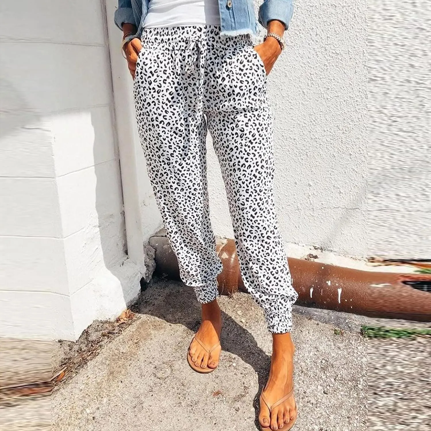 yardsong Leopard Printed Pants for Women Plus Size Drawstring High Waisted Jogger Pants Casual Loose Trousers with Pockets